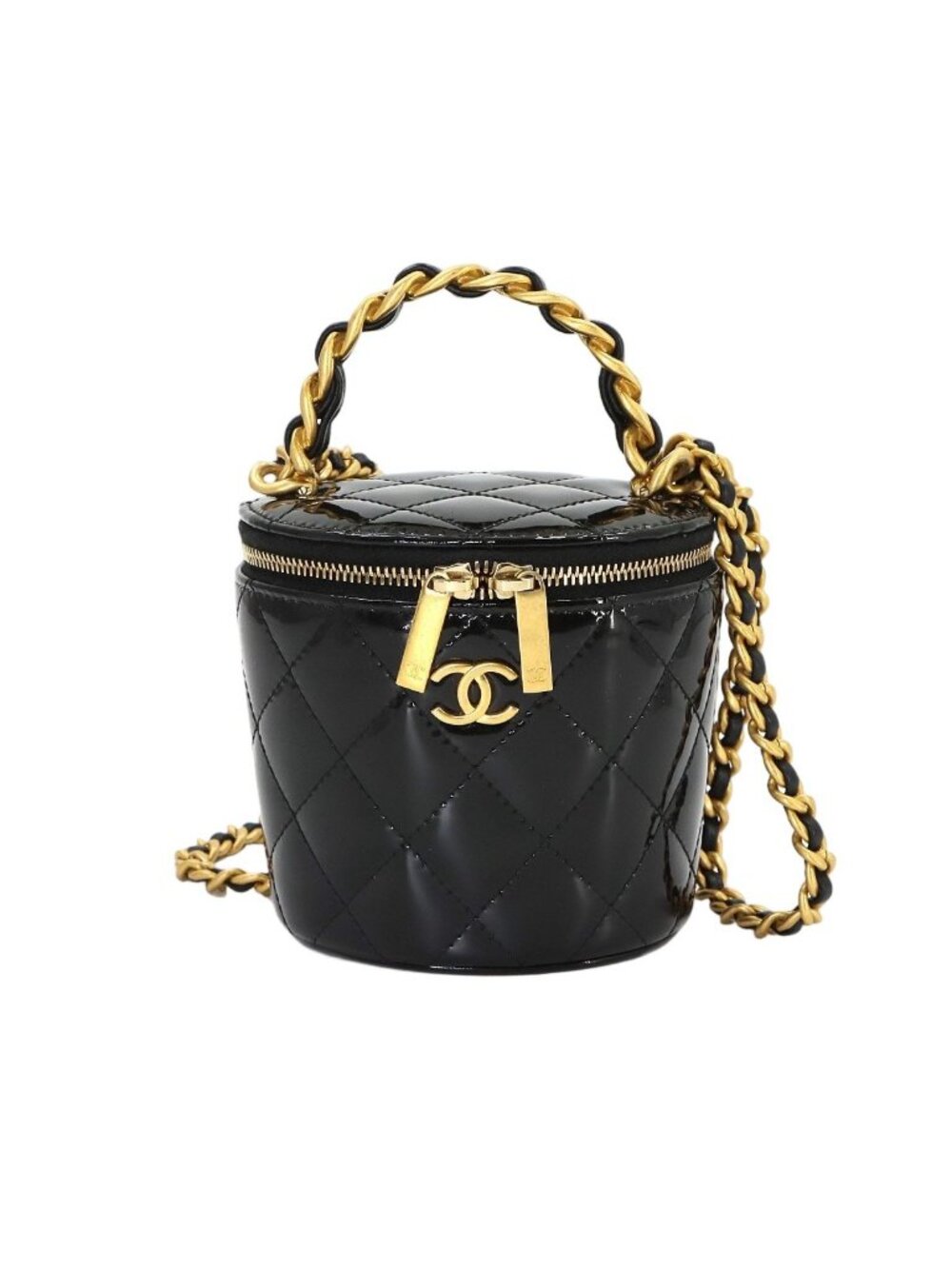Chanel Quilted Vanity 2-Way Chain Shoulder Bag Patent Leather Black
